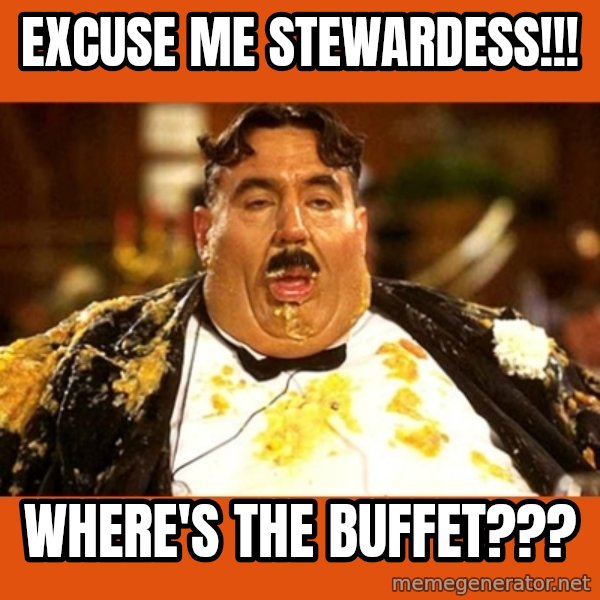 Fat Guy meme: EXCUSE ME STEWARDESS!!! / WHERE'S THE BUFFET???
