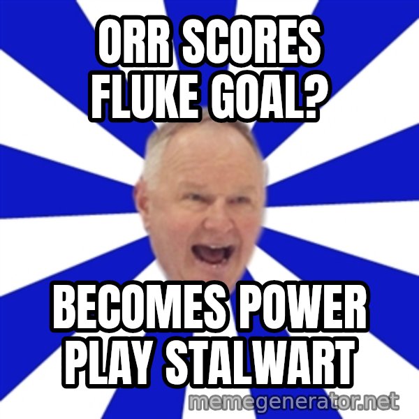 Crafty Randy meme: ORR Scores fluke goal? / becomes power play stalwart