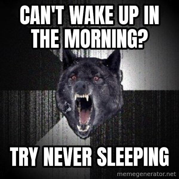 Insanity Wolf meme: can't wake up in the morning? / try never sleeping
