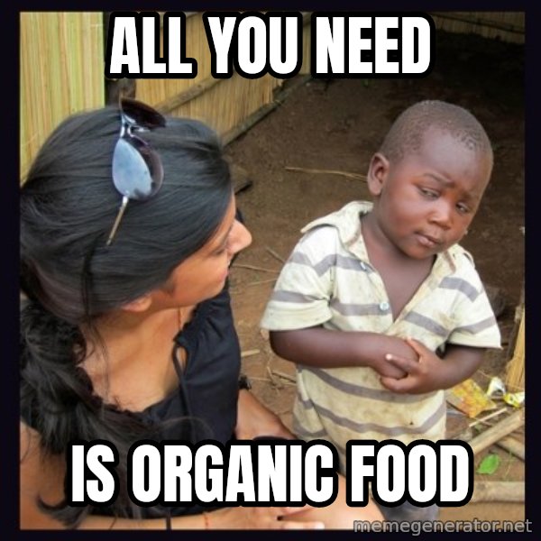 Skeptical third-world kid meme: aLL YOU NEED / IS ORGANIC FOOD