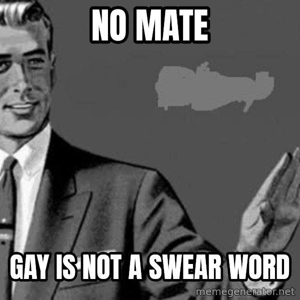 Correction Man  meme: NO MATE / GAY IS NOT A SWEAR WORD