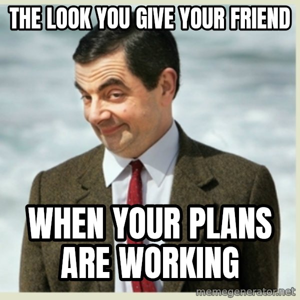 MR bean meme: the look you give your friend / when your plans are working