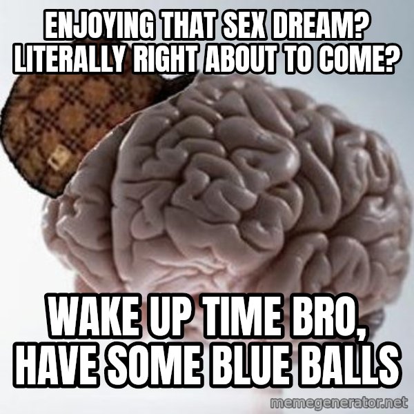 Scumbag Brain meme: Enjoying that sex dream? Literally right about to come? / Wake up time bro, have some blue balls
