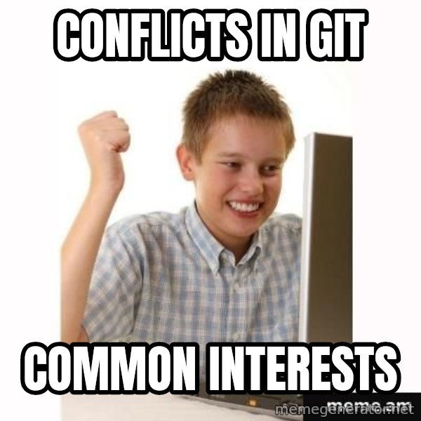 Computer kid meme: conflicts in git / common interests