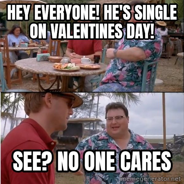 See? Nobody Cares meme: hey everyone! he's single on valentines day! / see? no one cares