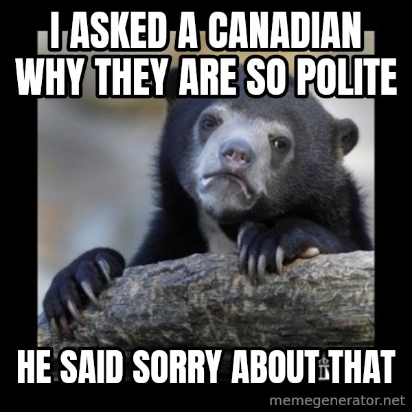 sad bear meme: I  ASKED A CANADIAN why they are so polite / he said sorry about that