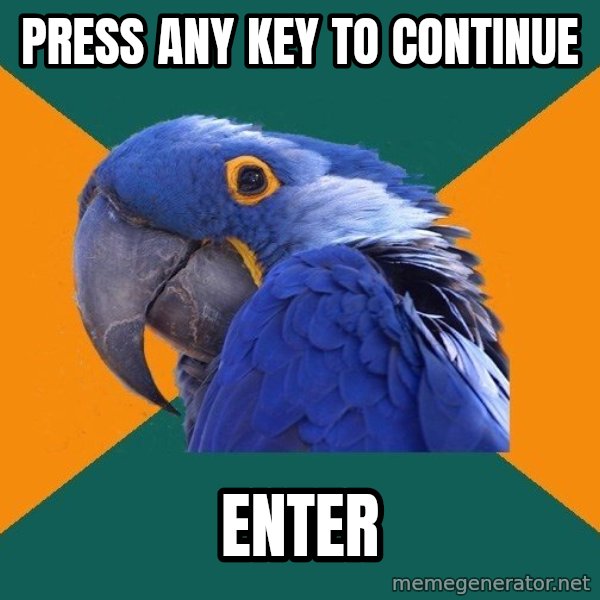 Paranoid Parrot meme: Press any key to continue / enter