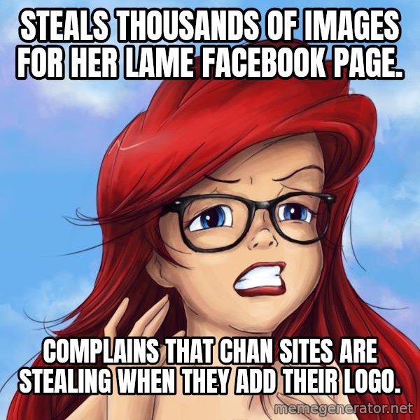 Hipster Ariel meme: Steals thousands of images for her lame Facebook page. / Complains that chan sites are stealing when they add their logo.