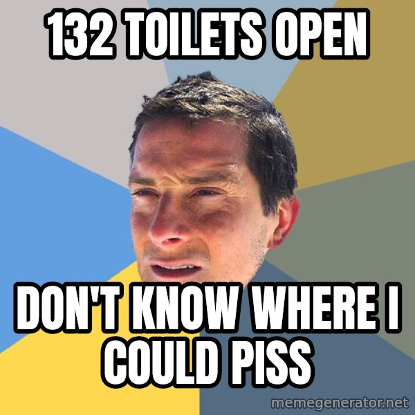 Bear Grylls meme: 132 toilets open / don't know where i could piss