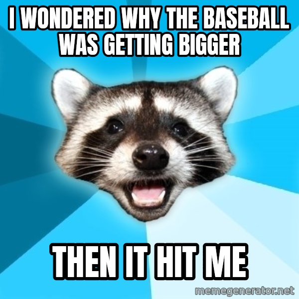 Lame Pun Coon meme: I WONDERED WHY THE BASEBALL WAS GETTING BIGGER / THEN IT HIT ME
