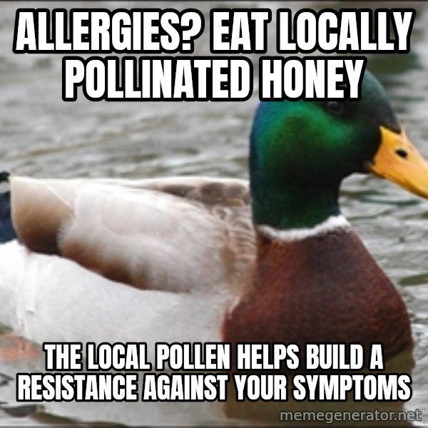 Actual Advice Mallard 1 meme: allergies? eat locally pollinated honey / the local pollen helps build a resistance against your symptoms