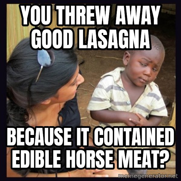 Skeptical third-world kid meme: You threw away good lasagna / because it contained edible horse meat?