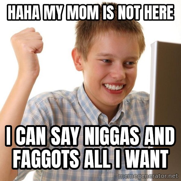 First Day on the internet kid meme: HAHA MY MOM IS NOT HERE / I CAN SAY NIGGAS AND FAGGOTS ALL I WANT