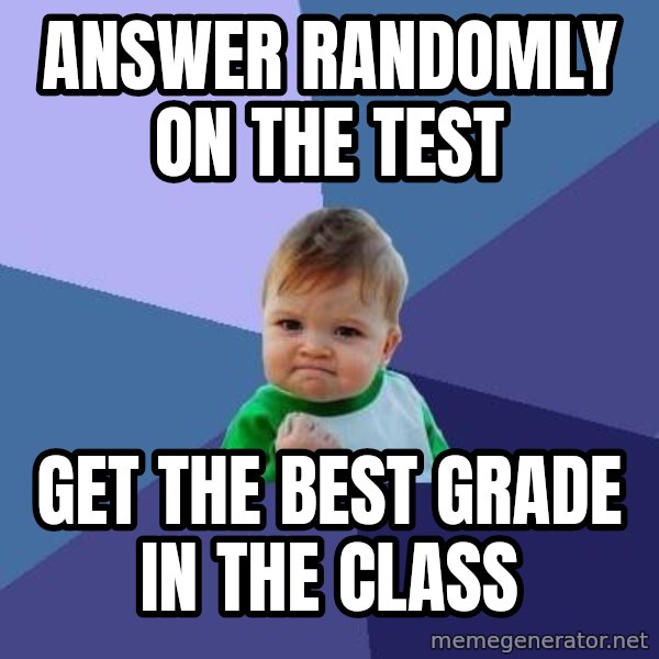 Success Kid meme: answer randomly on the test / get the best grade in the class