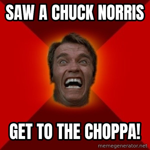 Angry Arnold meme: saw a chuck norris / GET TO THE CHOPPA!
