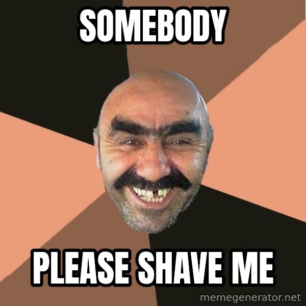 Provincial Man meme: somebody / please shave me