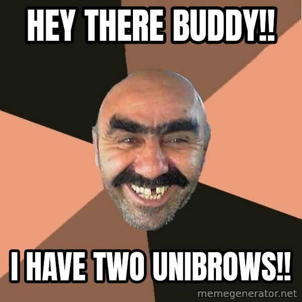 Provincial Man meme: hey there buddy!! / i have two unibrows!!