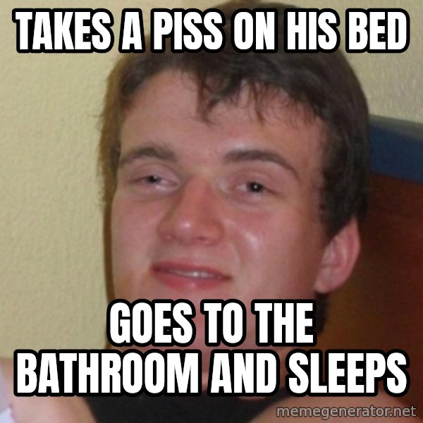 Really Stoned Guy meme: takes a piss on his bed / goes to the bathroom and sleeps