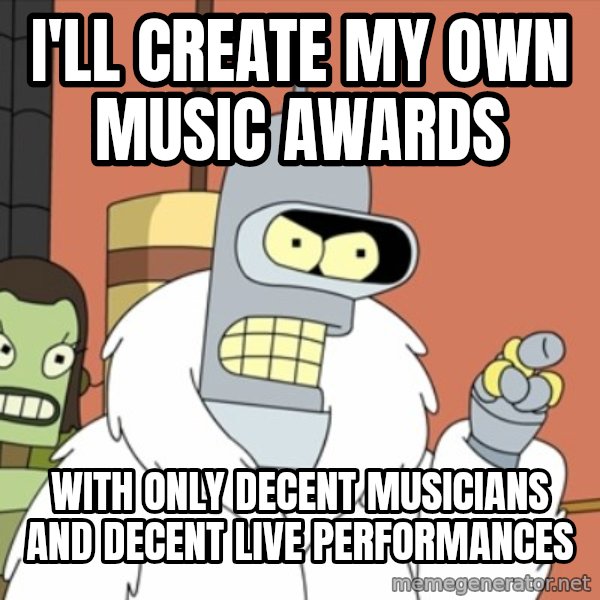 bender blackjack and hookers meme: I'll create my own music awards / With only decent musicians and decent live performances