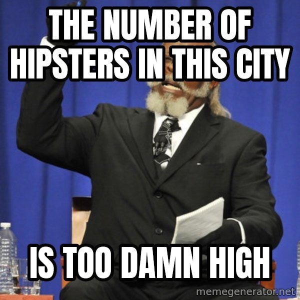 Rent Is Too Damn High meme: The number of hipsters in this city / is too damn high