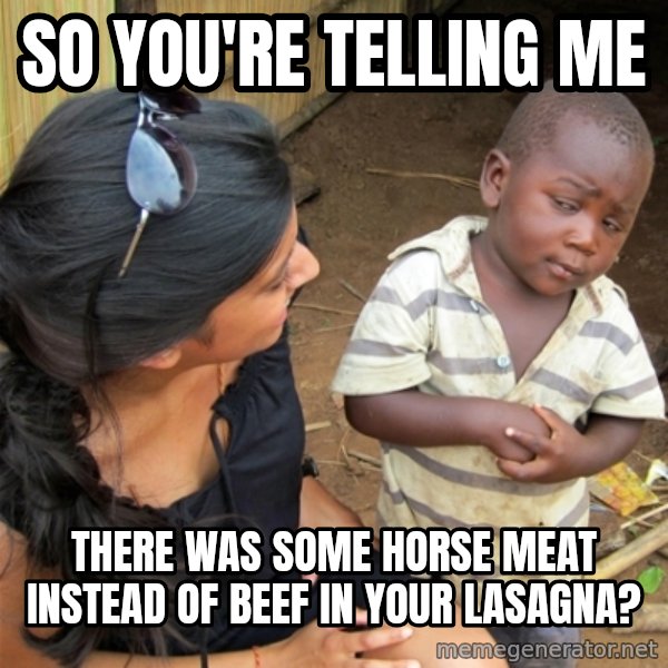 So You're Telling me meme: SO YOU'RE TELLING ME / there was some horse meat instead of beef in your lasagna?