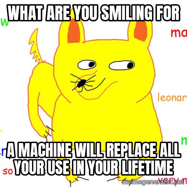 Grumpy Cat  meme: WHAT ARE YOU SMILING FOR / A MACHINE WILL REPLACE ALL YOUR USE IN YOUR LIFETIME