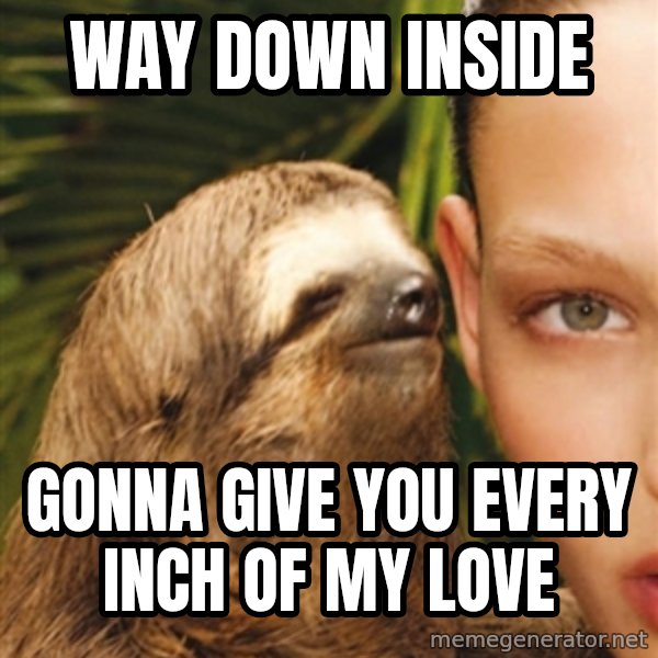 The Rape Sloth meme: Way down inside / gonna give you every inch of my love