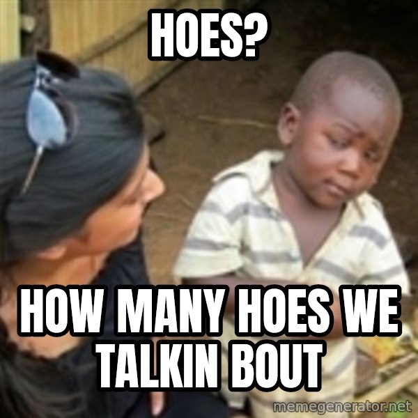 Skeptical african kid  meme: hoes? / how many hoes we talkin bout