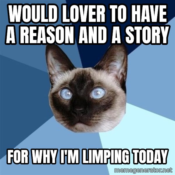 Chronic Illness Cat meme: would lover to have a reason and a story / for why i'm limping today