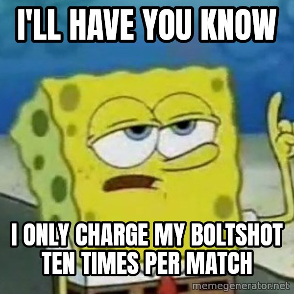 Tough Spongebob meme: I'll have you know / I only charge my boltshot ten times per match