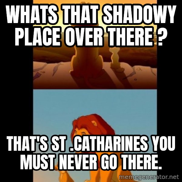 Lion King Shadowy Place meme: whats that shaDowy place oVer there ? / That's  st .catharines you must never go there.