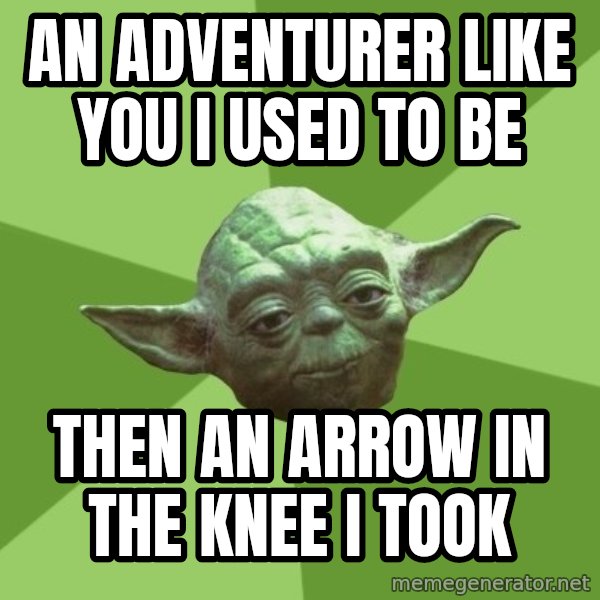 Advice Yoda Gives meme: An adventurer like you i used to be / then an arrow in the knee i took