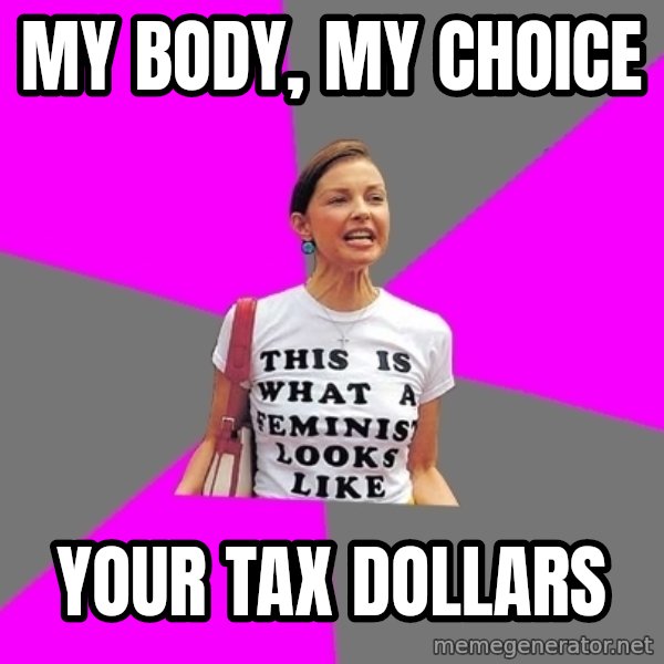 Feminist Cunt meme: My body, my choice / Your tax dollars