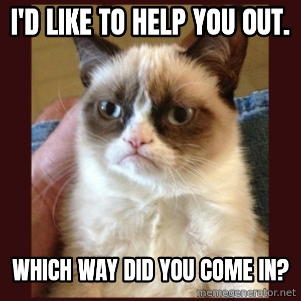 Grumpy Cat  meme: I'd like to help you out. / Which way did you come in?