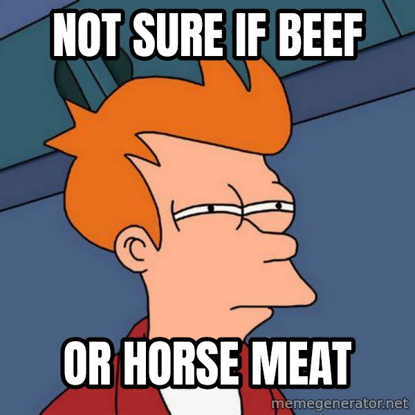 Futurama Fry meme: not sure if beef / or horse meat