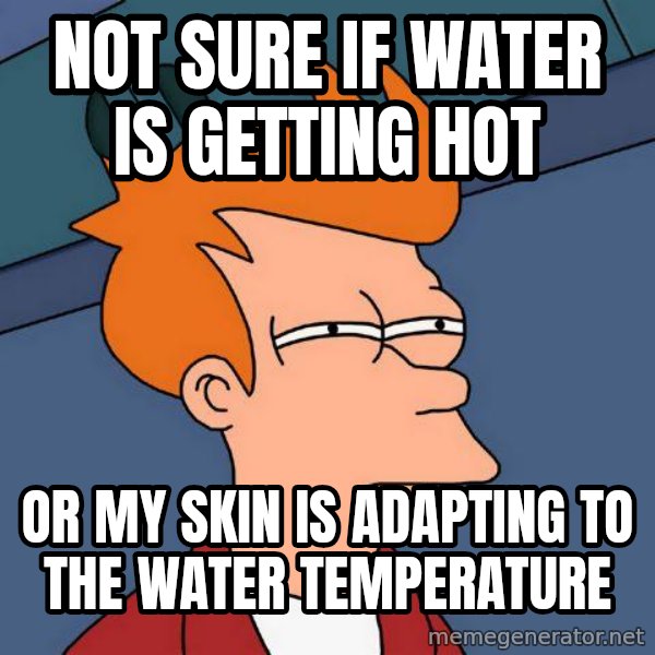 Futurama Fry meme: NOT SURE IF WATER IS GETTING HOT / OR MY SKIN IS ADAPTING TO THE WATER TEMPERATURE