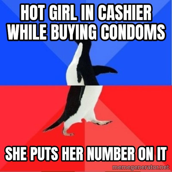 Socially Awkward to Awesome Penguin meme: hot girl in cashier while buying condoms / she puts her number on it