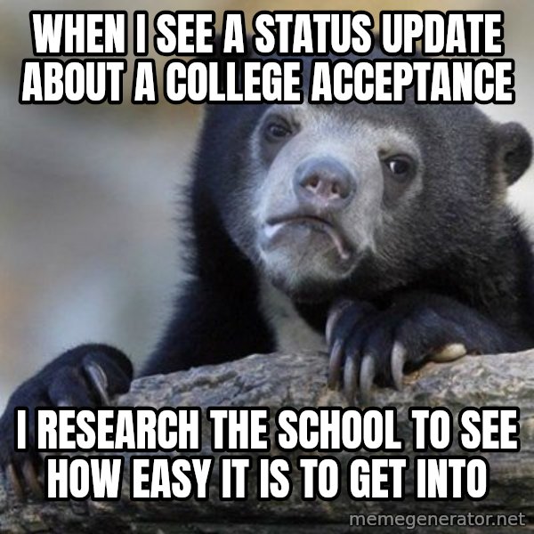 Confession Bear meme: When I see a status update about A college acceptance / I research the school to see how easy it is to get into