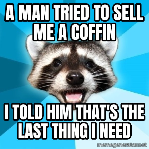 Lame Pun Coon meme: a man tried to sell me a coffin / I told him that's the last thing i need