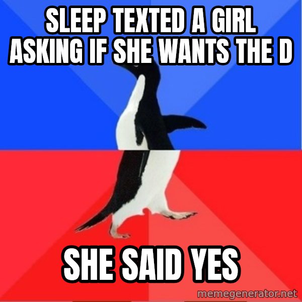 Socially Awesome Awkward Penguin meme: Sleep texted a girl asking if she wants the D / She said yes