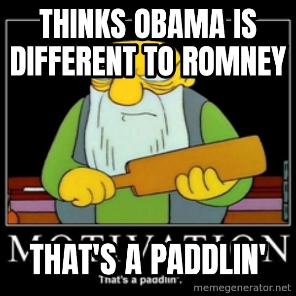 Thats a paddlin meme: Thinks Obama is different to romney / That's a paddlin'