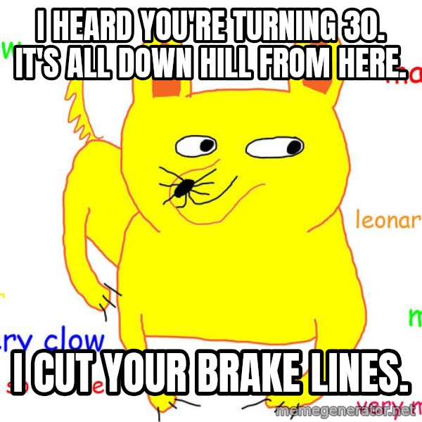 Grumpy Cat  meme: I heard you're turning 30. It's all down hill from here. / i cut your brake lines.