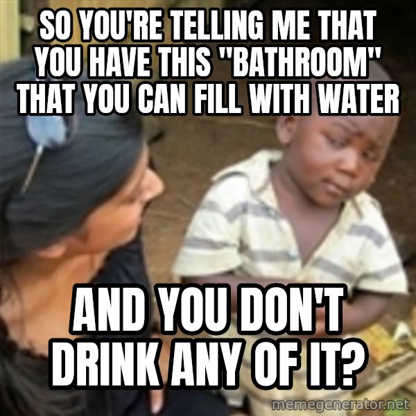 Skeptical african kid  meme: so you're telling me that you have this "bathroom" that you can fill with water / and you don't drink any of it?