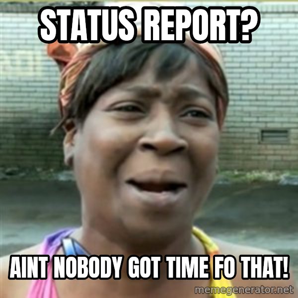 Ain't Nobody got time fo that meme: Status report? / AINT NOBODY GOT TIME FO THAT!