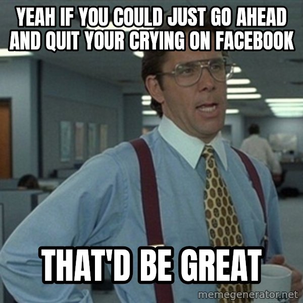 Office Space That Would Be Great meme: Yeah if you could just go ahead and quit your crying on facebook / that'd be great