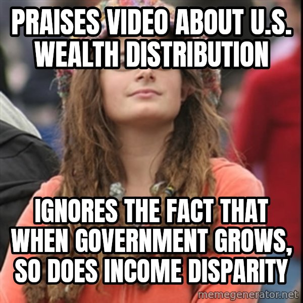 College Liberal meme: Praises video about u.s. wealth distribution / ignores the fact that when government grows, so does income disparity