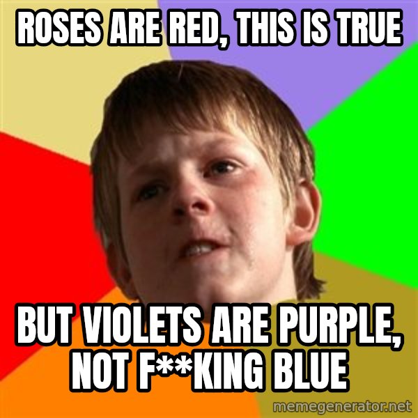 Angry School Boy meme: ROSES ARE RED, THIS IS TRUE / BUT VIOLETS ARE PURPLE, NOT F**KING BLUE