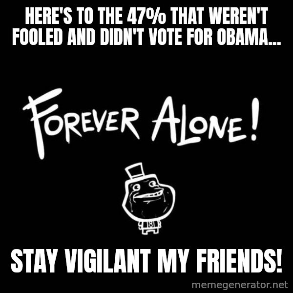 The Most Interesting Man In The World meme: here's to the 47% that weren't fooled and didn't vote for obama... / stay vigilant my friends!