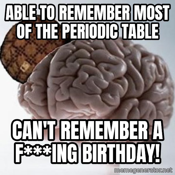 Scumbag Brain meme: able to remember most of the periodic table / can't remember a f***ing birthday!
