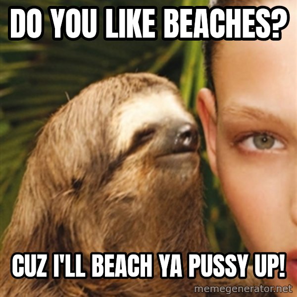 The Rape Sloth meme: Do you like Beaches? / Cuz i'll beacH ya pussy up!